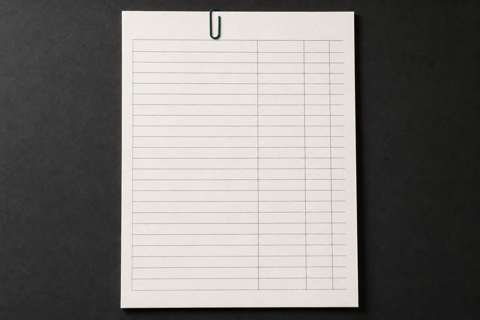 A blank columnar ledger sheet, clipped, on a dark desk